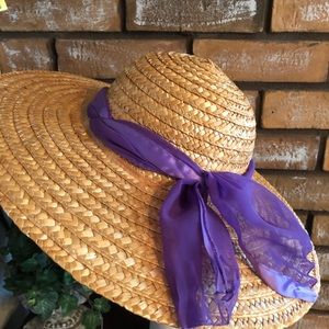 Straw Hat with Purple Scarf